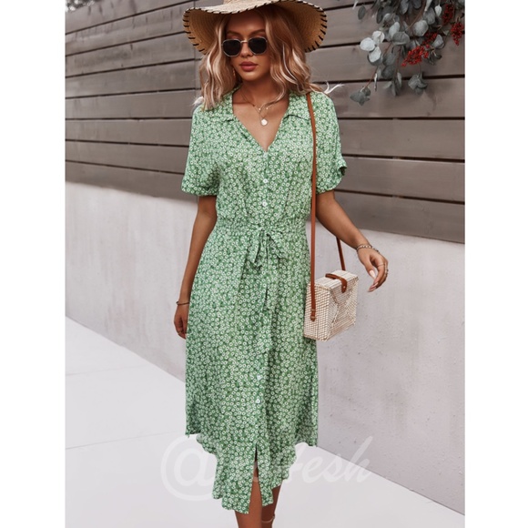 Green Floral Print Midi Dress Button Front V-Neck - Picture 4 of 16
